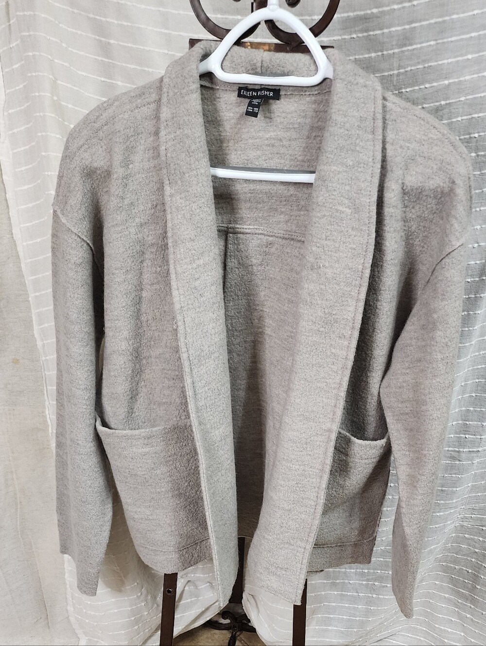 Eileen Fisher Taupe Gray Open Knit Cardigan Wool Sz XXS